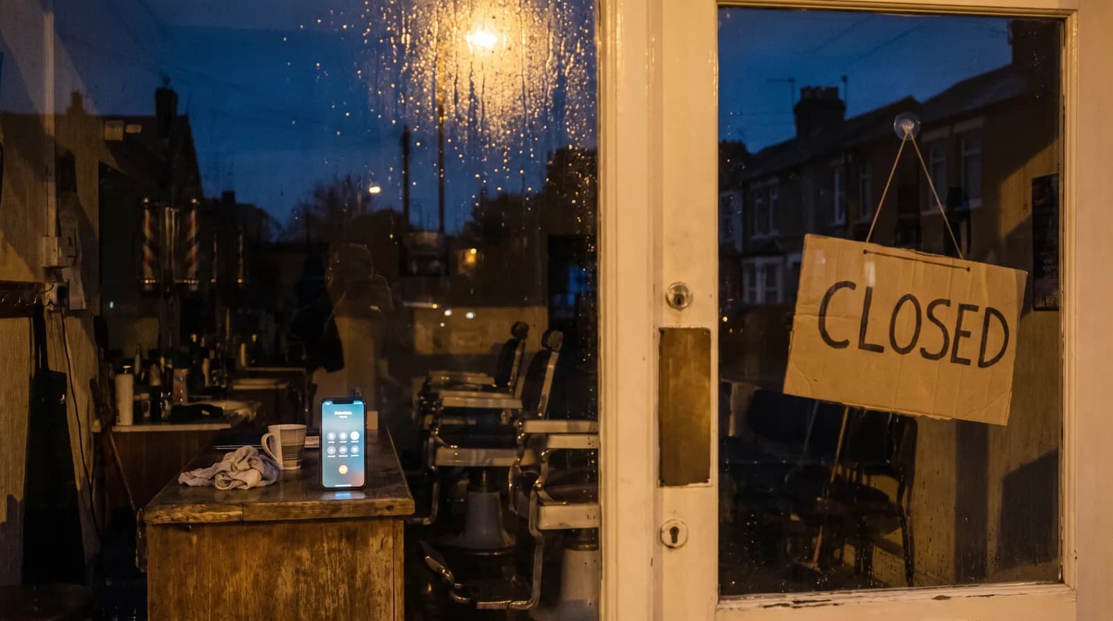 A small business closed for the night while an AI receptionist answers an after-hours phone call