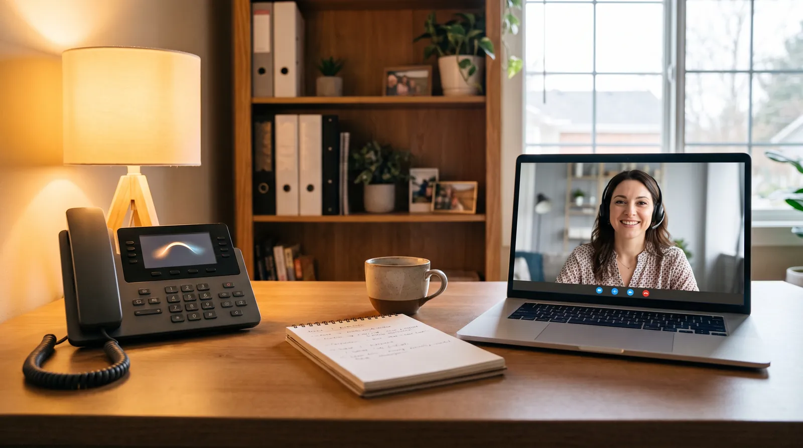 A desk phone showing a voice waveform beside a laptop on a video call with a remote receptionist wearing a headset
