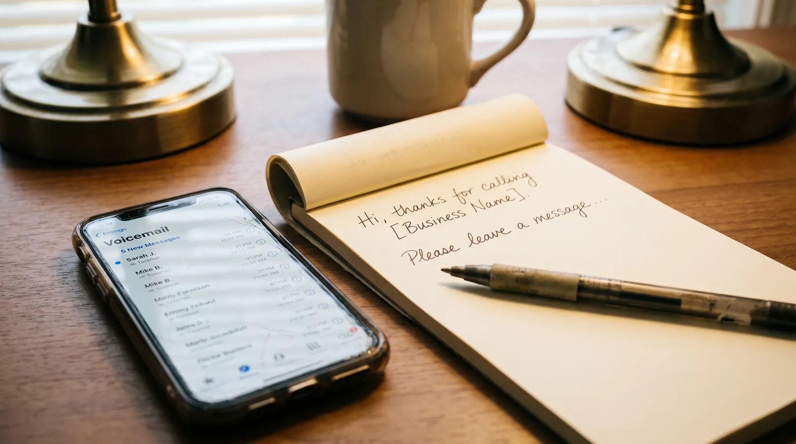A smartphone showing a voicemail inbox beside a notepad with a handwritten business voicemail greeting script