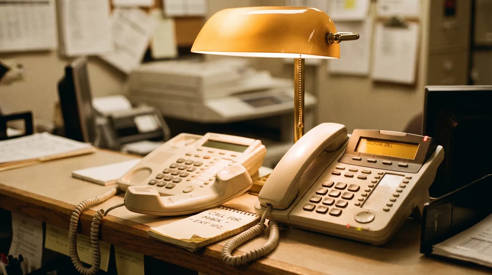 Two office desk phones, one handset resting on a notepad with the caller's details, the other ringing as the call is handed over