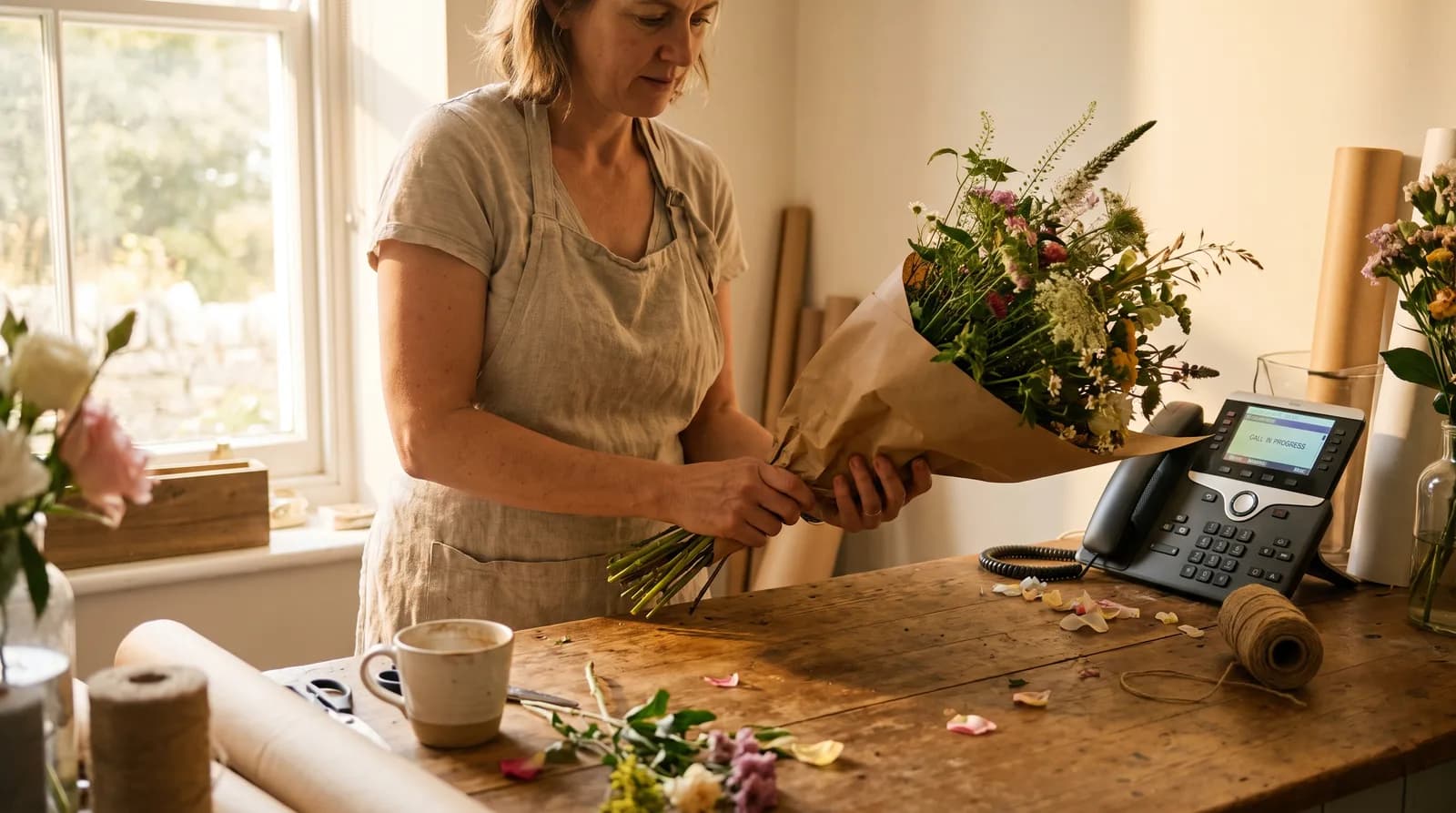An AI receptionist answering a small-business phone call 24/7 while the owner works