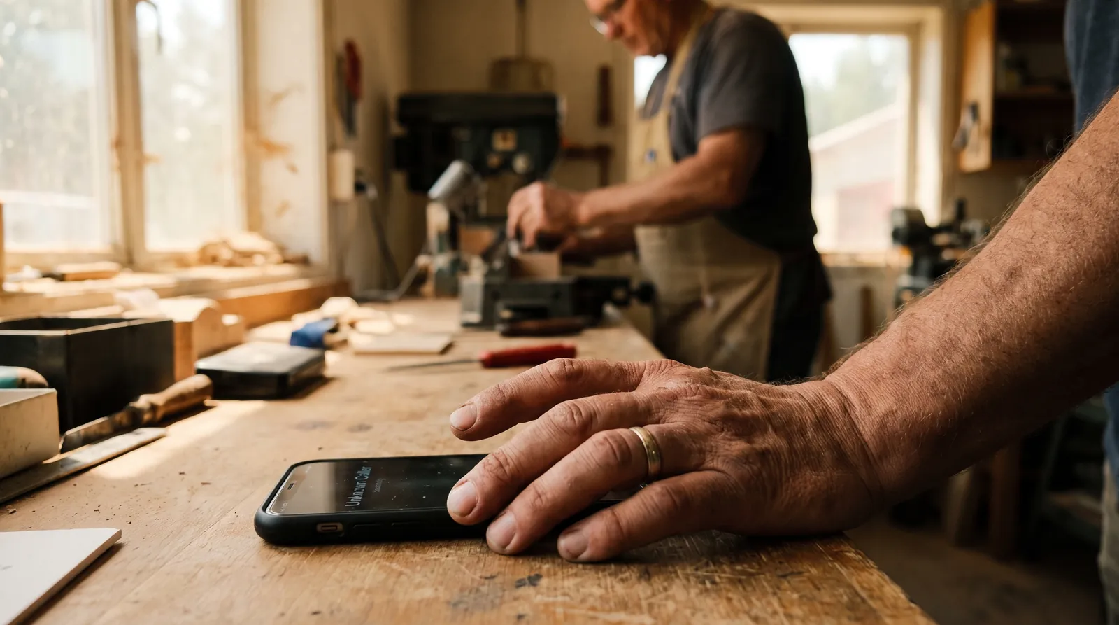 A small business owner pausing over a ringing phone showing an unknown caller while working in a workshop