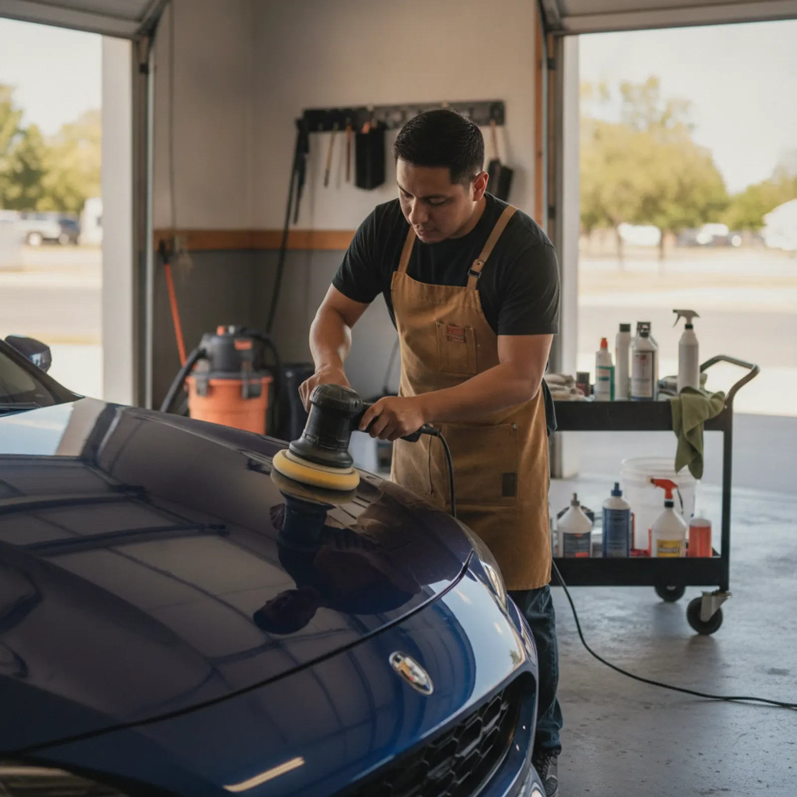 Detailer machine-polishing a car hood in the shop bay — Rinqly's AI auto detailing answering service answers every call while you work