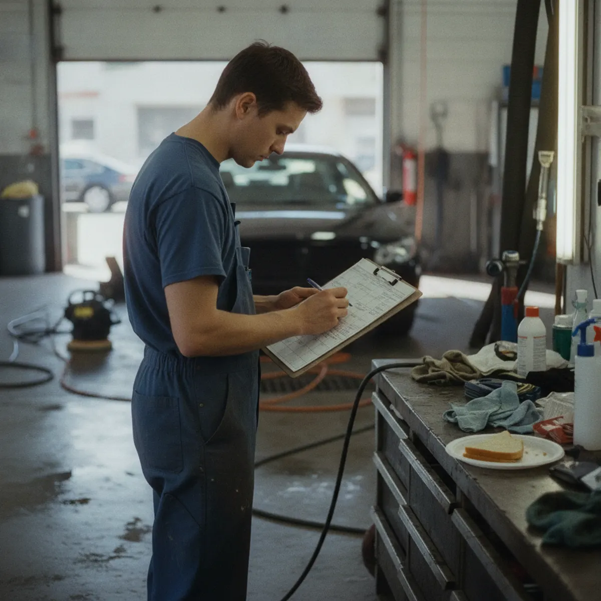 Detailer writing up a job on a clipboard in the shop — an auto detailing booking service that schedules every appointment into your calendar