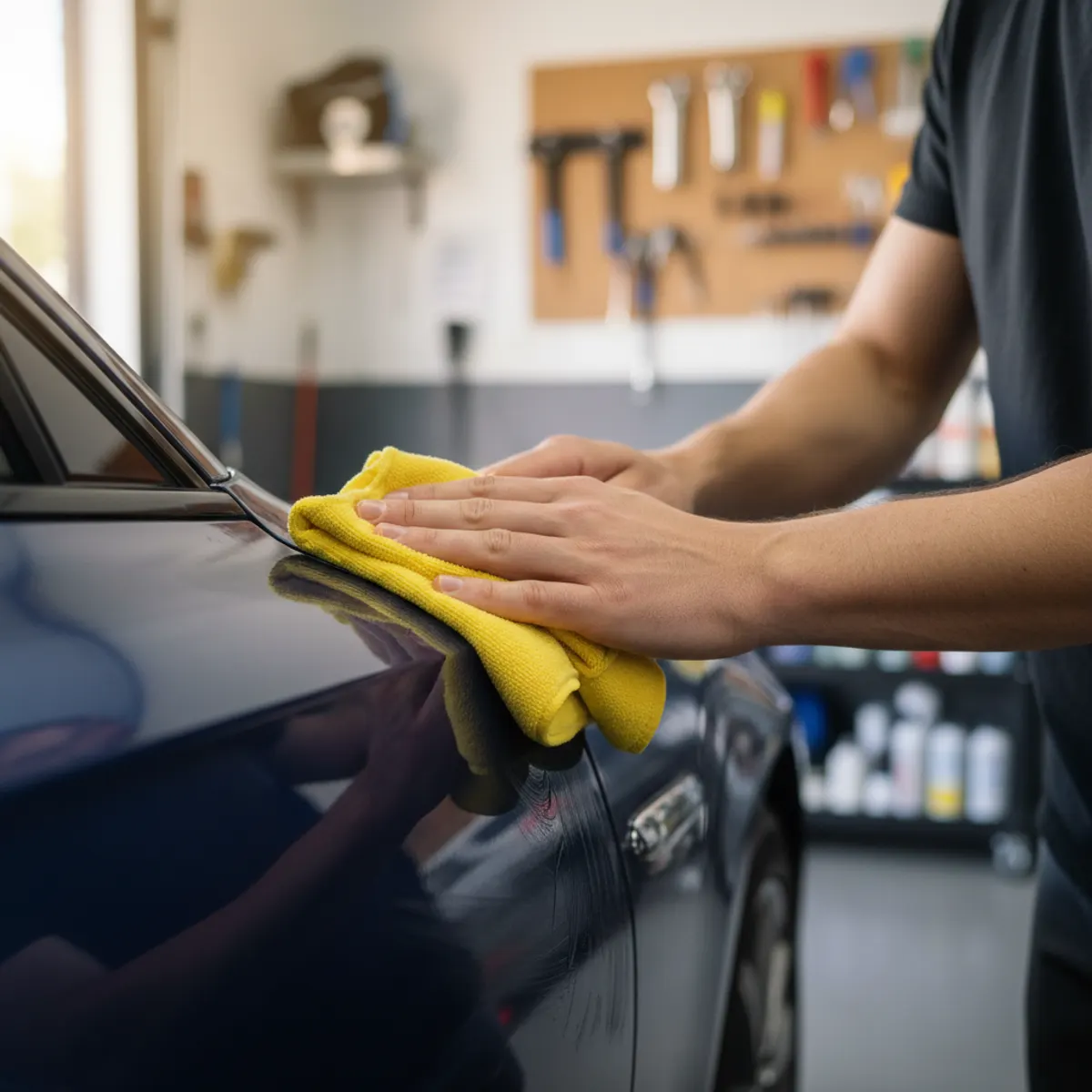 Detailer wiping a car panel with a microfiber cloth — Rinqly handles auto detailing call answering so price-shoppers never hit voicemail