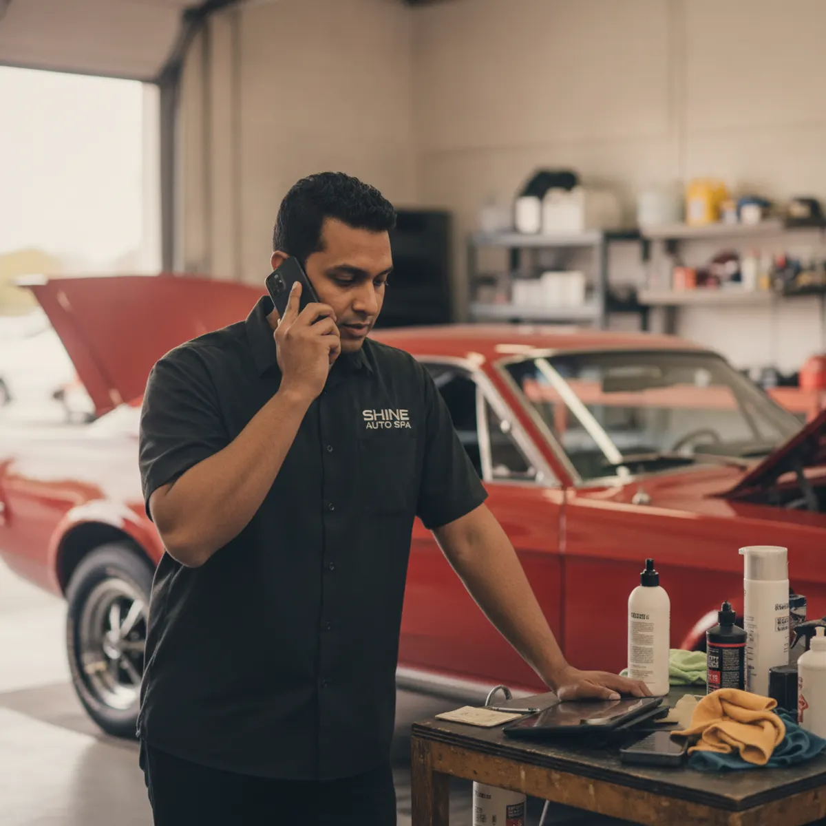 Detailer taking a customer call in the shop beside a classic car — a car detailing answering service that quotes and books while your hands are full