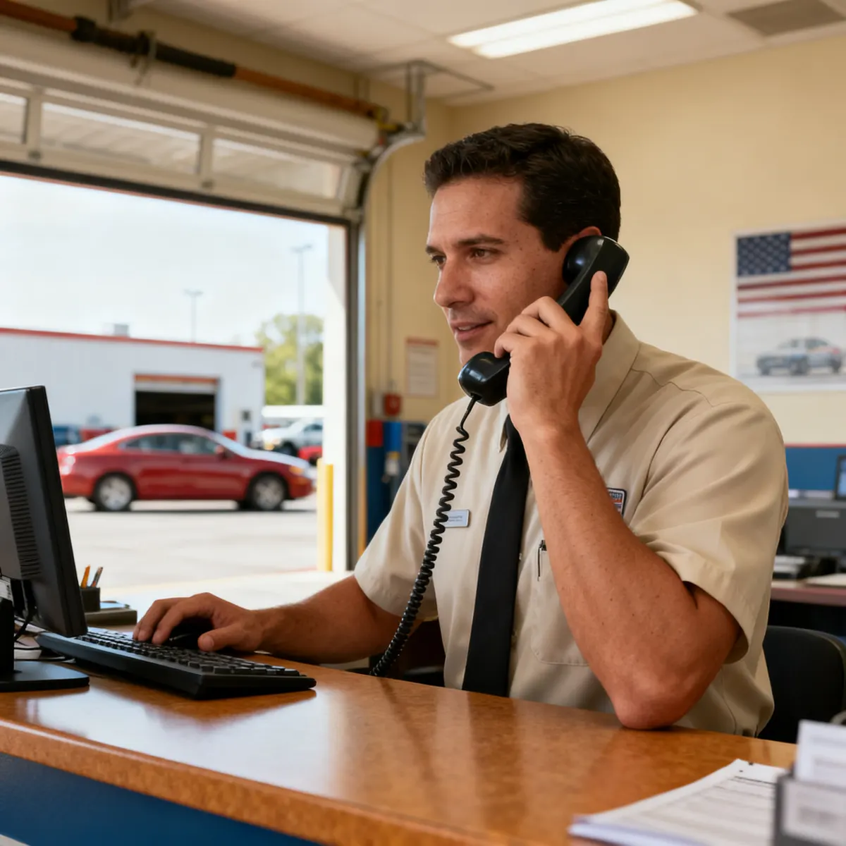 Service advisor answering the phone at an auto repair shop's front counter — an auto repair answering service captures every call while the bays stay busy