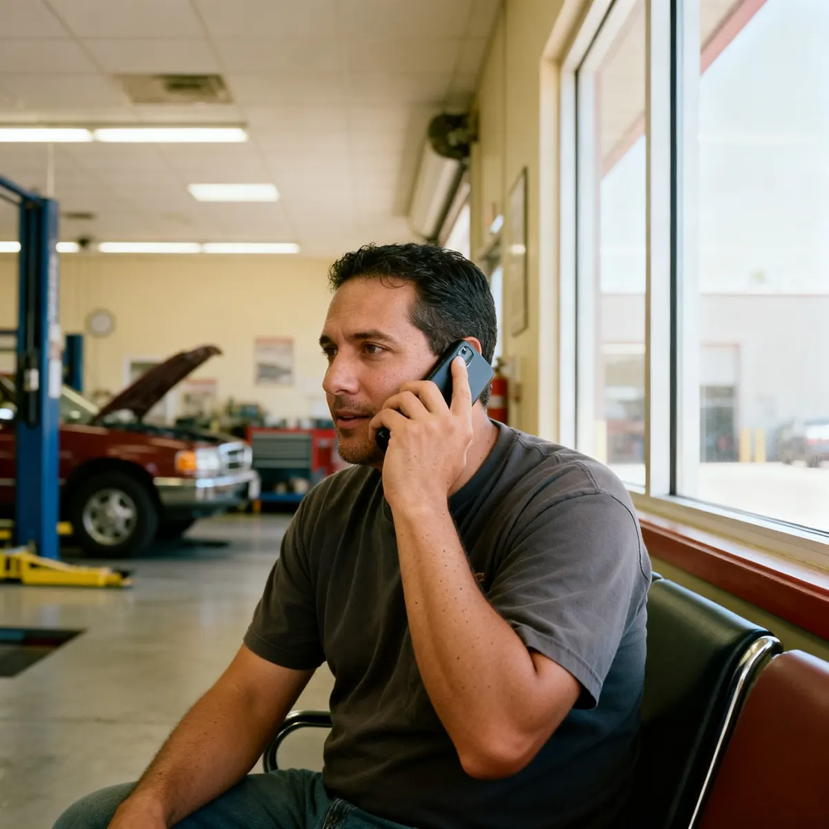 Customer calling an auto shop from the waiting area — Rinqly's auto shop answering service answers even when the front desk is slammed