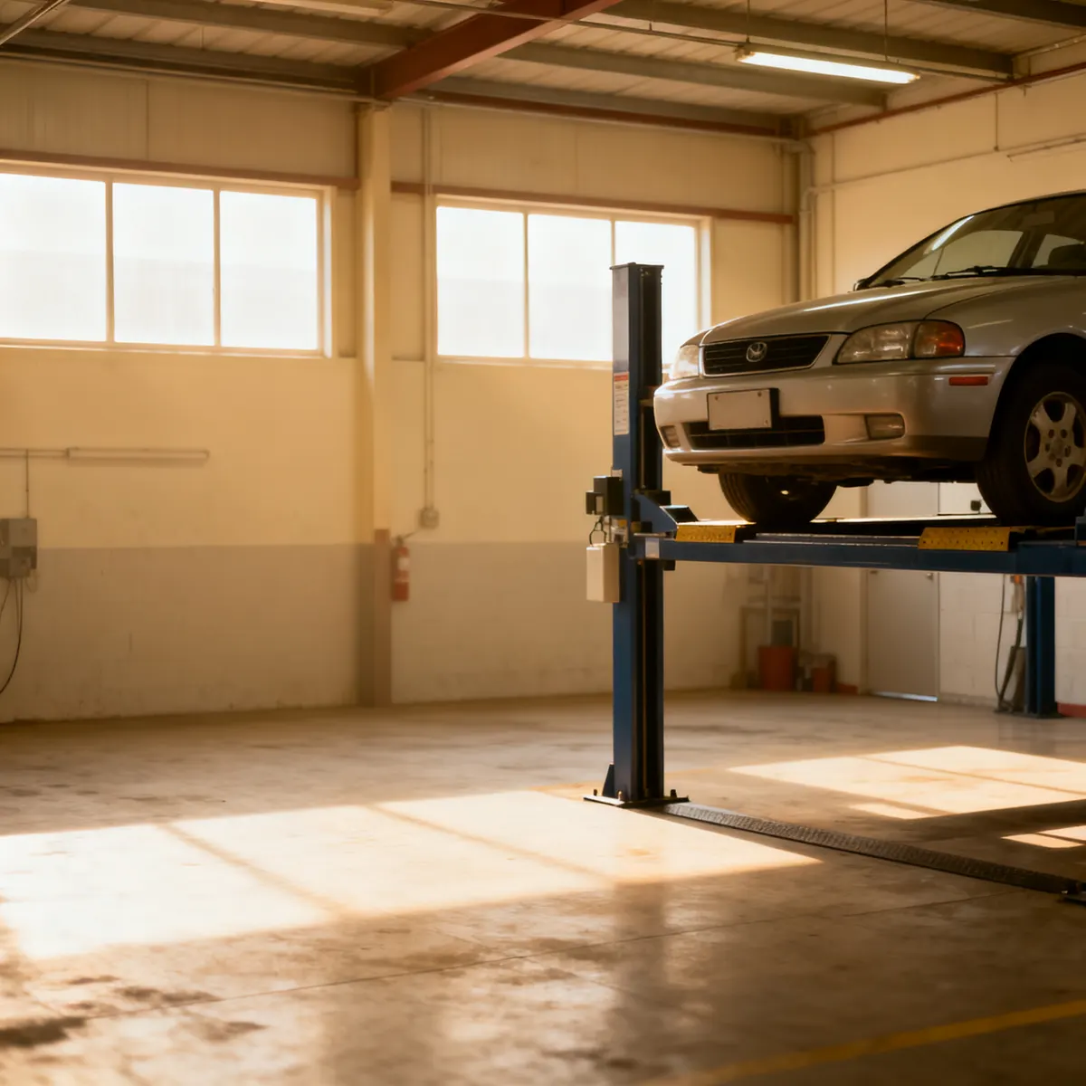 Car raised on a lift in an auto repair bay — Rinqly's automotive answering service books the jobs that keep every bay full