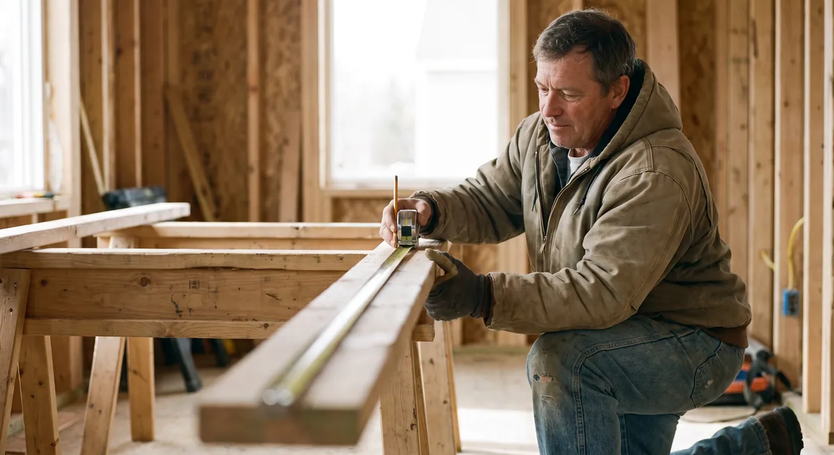 Carpenter measuring and marking lumber on a sawhorse in a framed room — an answering service for contractors handles the phone so the crew keeps working