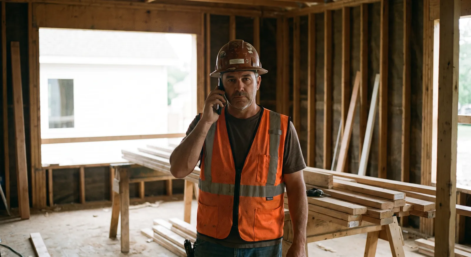 General contractor in a hard hat and vest taking a call inside a house under renovation — Rinqly's construction answering service answers while you're on the build