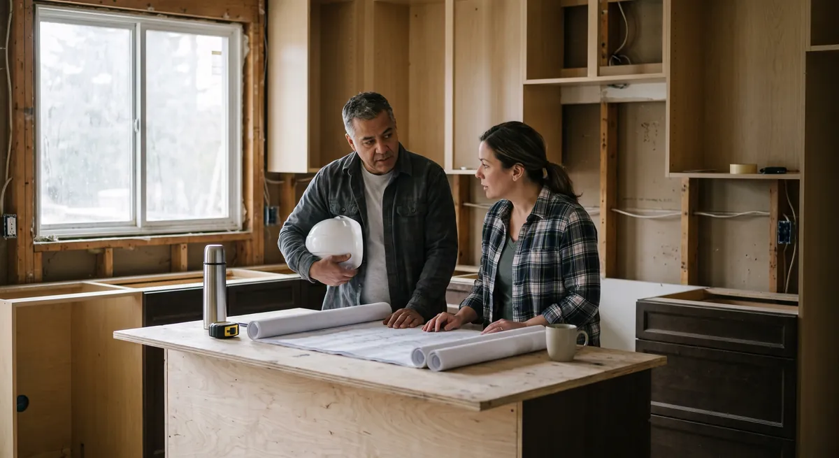 Contractor and homeowner going over plans spread on a plywood counter in a half-finished kitchen — new enquiries are qualified before they reach you