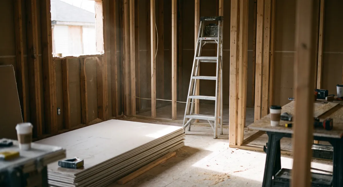 Empty room under construction with exposed studs, a ladder and stacked drywall — calls that come in after the crew packs up still get answered