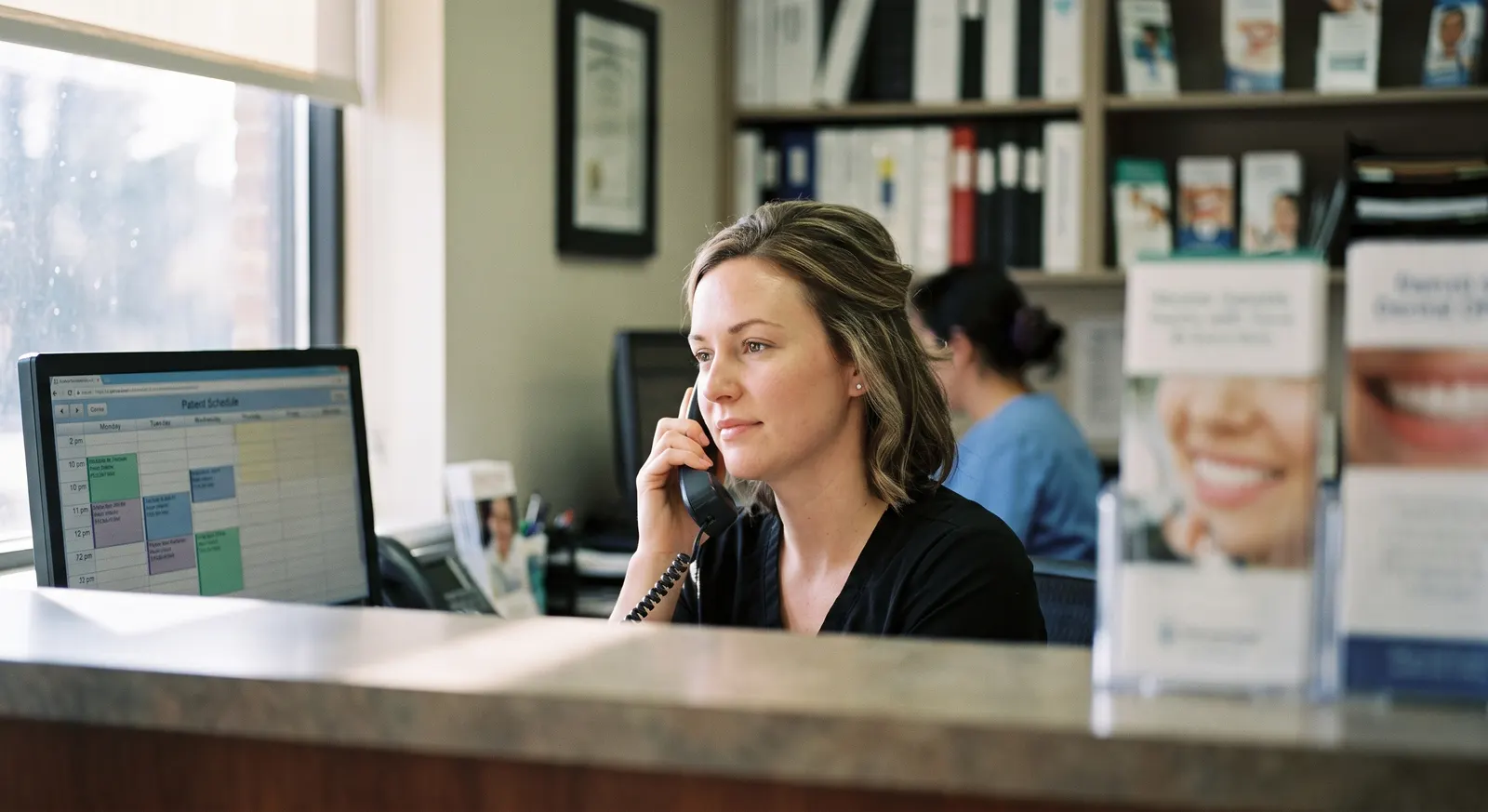 Dental receptionist answering a patient phone call at the front desk — Rinqly's AI dental answering service picks up when your team can't