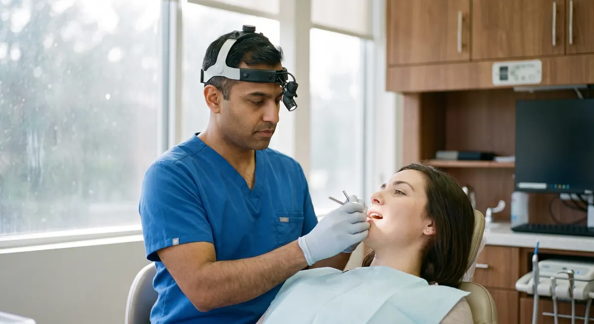 Dentist treating a patient while Rinqly's dental phone answering service books appointments in the background