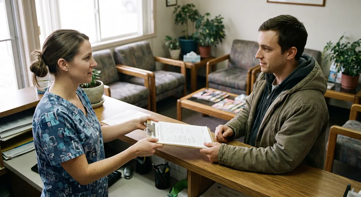 Receptionist handing a new patient an intake form — a virtual dental receptionist collects the same details over the phone