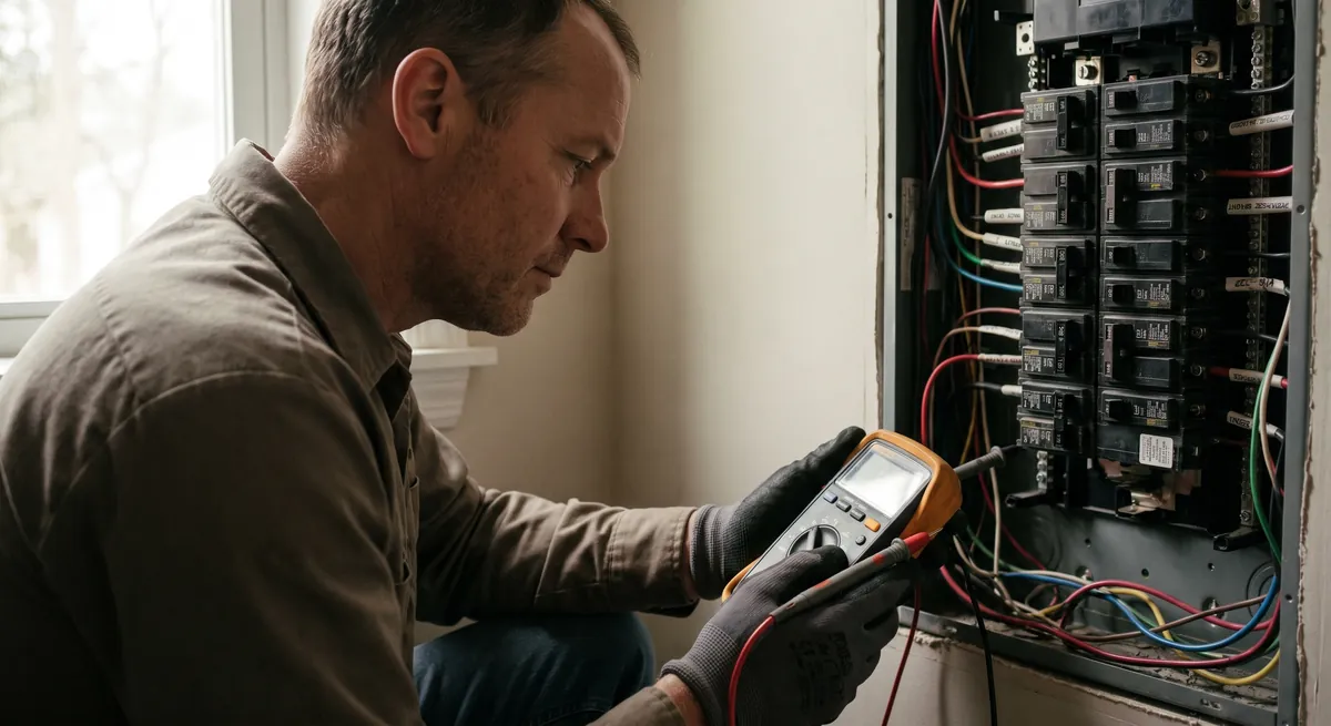 Electrician testing breaker terminals with a multimeter inside an open panel — an answering service for electricians books the next call-out mid-job
