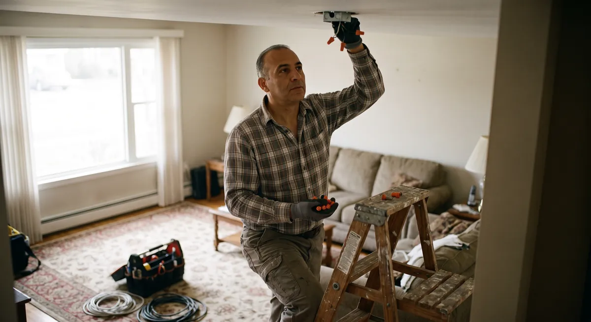 Electrician on a step ladder wiring a ceiling light fixture in a living room — every enquiry is answered and logged with a transcript