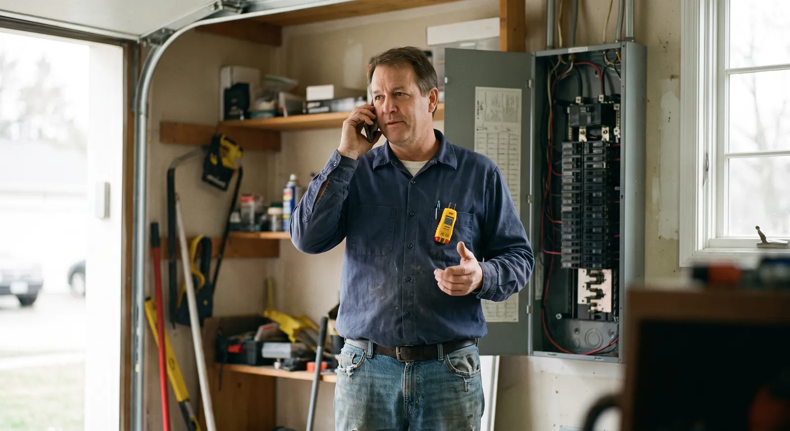 Electrician on the phone beside an open breaker panel in a garage — Rinqly's electrician answering service picks up while you're working live circuits