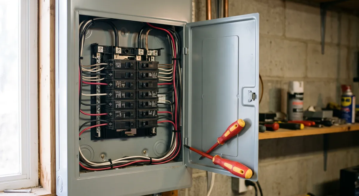 Open residential breaker panel with labelled circuits and a screwdriver resting on the door — urgent electrical calls reach someone at any hour