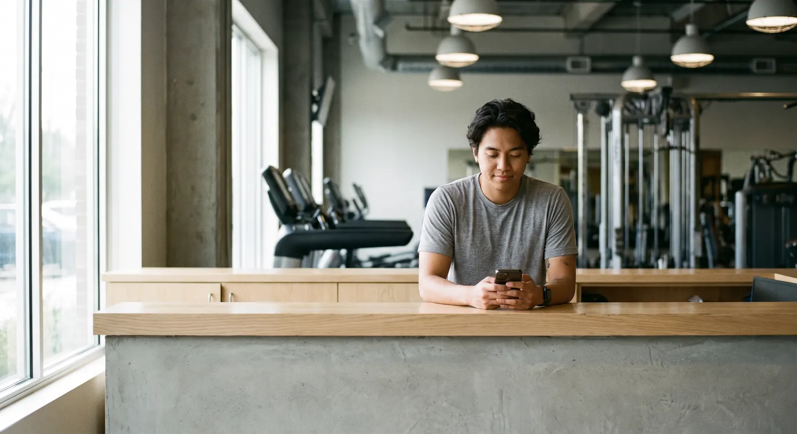 Gym member checking in at the front-desk counter with equipment behind — Rinqly's AI receptionist for gyms answers every call and books tours 24/7