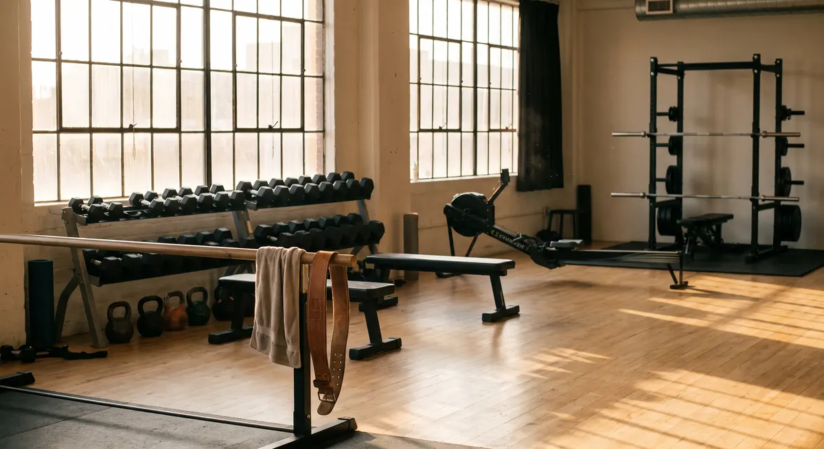 Sunlit gym floor with weights and racks ready — a fitness center answering service books classes and tours while staff train members