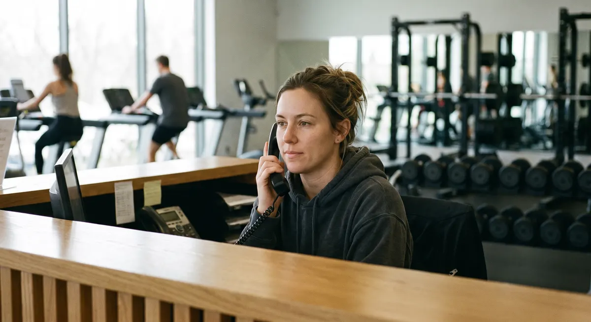 Front-desk staff taking a call at the gym reception with members on treadmills behind — a gym answering service that never misses a membership inquiry
