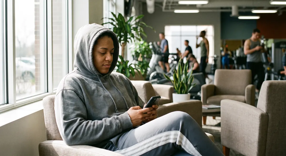 Member on the phone in the gym lounge — a gym membership answering service that answers questions and captures sign-ups after hours