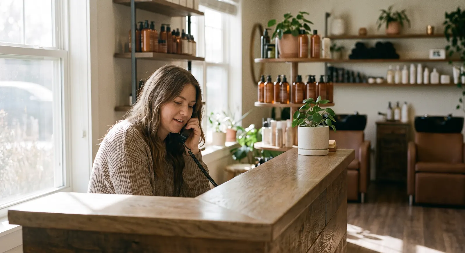 Salon receptionist booking an appointment by phone at the front desk — Rinqly's AI receptionist for salons answers every call so stylists keep working