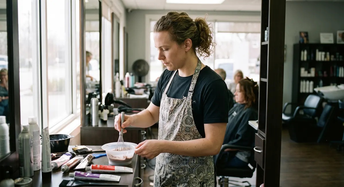 Colorist mixing color at the station — Rinqly handles hair salon appointment booking and color consultation calls 24/7