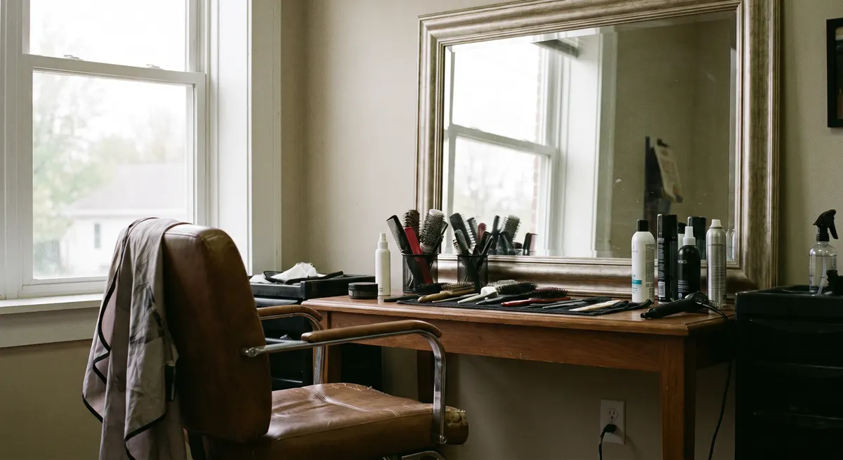 Empty salon styling station with mirror and brushes ready — an AI hair salon receptionist books the next client while the chair turns over