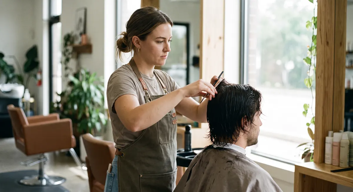 Stylist cutting a client's hair mid-appointment — a salon answering service catches the calls the team can't while they're with clients