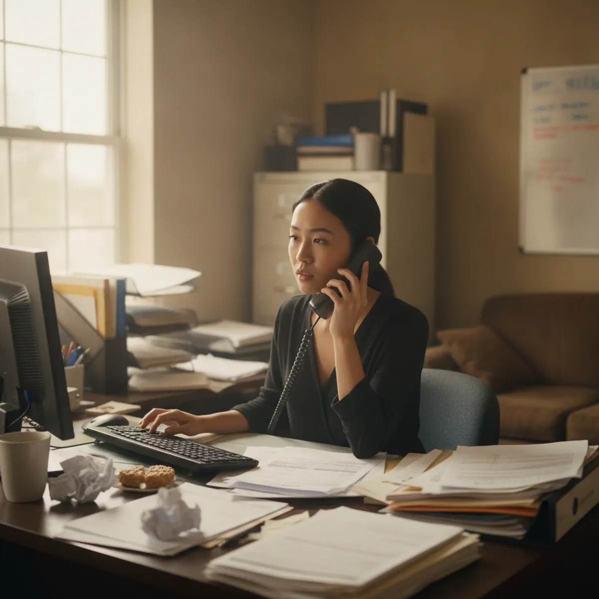 Dispatcher answering the office phone at a home services company — an answering service for HVAC companies captures every job when the front desk is busy