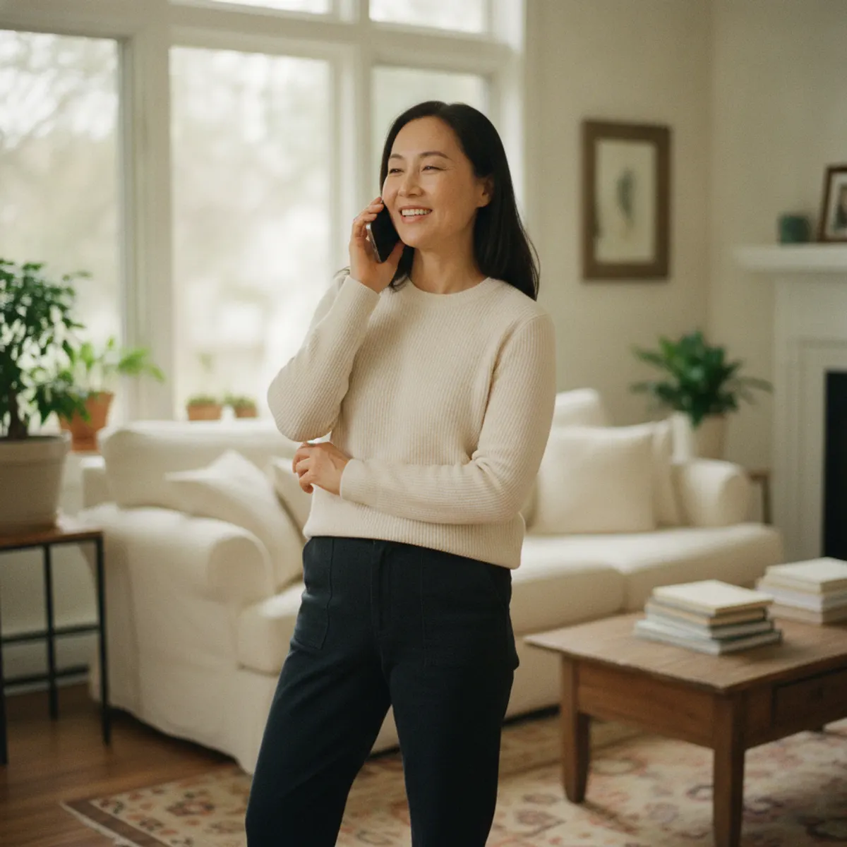 Homeowner calling a contractor from her living room — an after-hours answering service for HVAC and plumbing answers when the office is closed