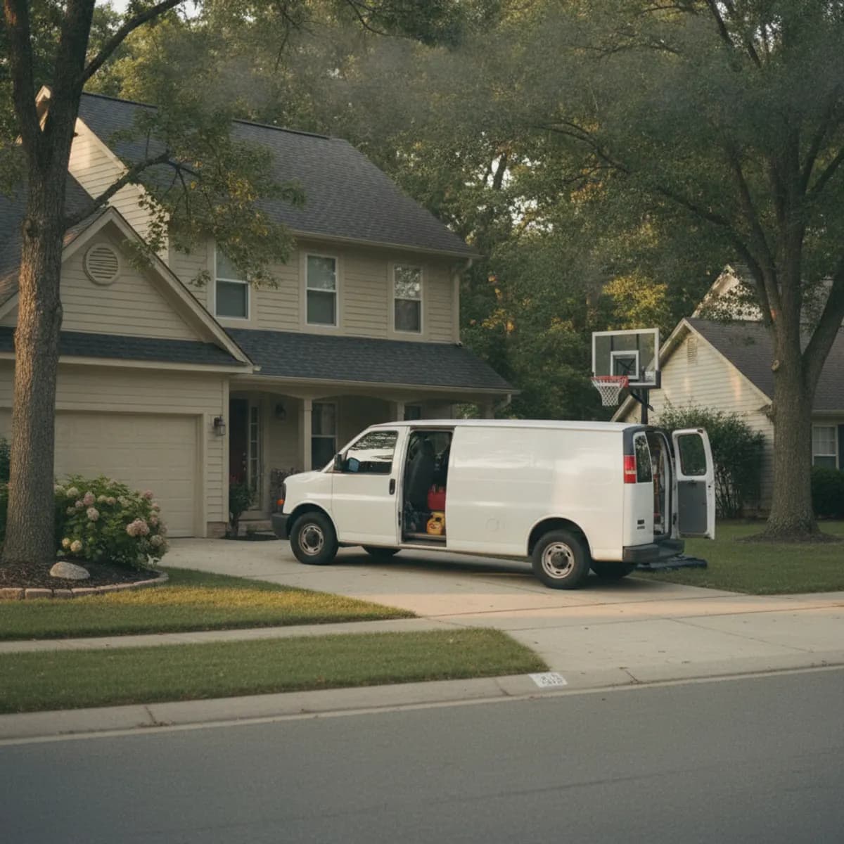 Service van parked outside a home for a booked job — Rinqly's HVAC call answering service turns every inbound call into a scheduled visit