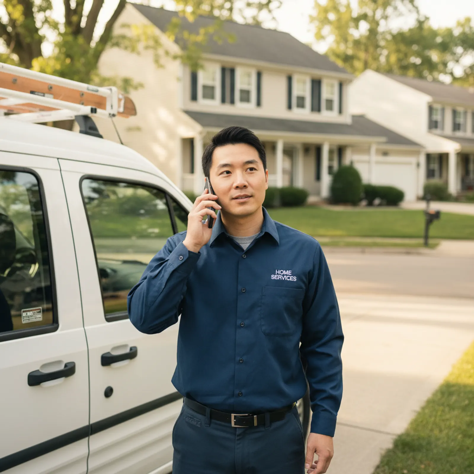 Home services technician taking a call by his work van in a neighborhood — Rinqly's AI answering service for HVAC and plumbing companies answers every call 24/7