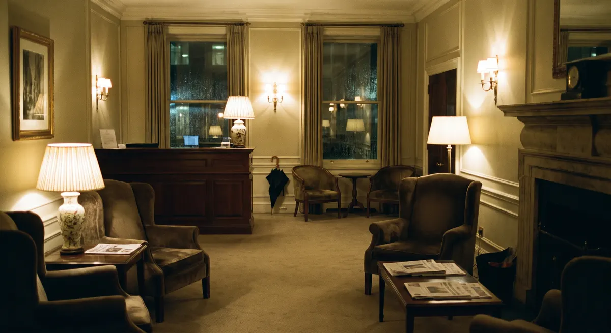 Quiet hotel lobby and reception desk late at night — an after-hours hotel answering service books rooms while the front desk is unattended
