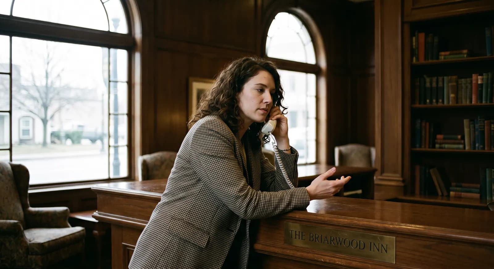 Hotel front-desk clerk taking a guest call at the reception counter — Rinqly's AI answering service for hotels answers every call 24/7