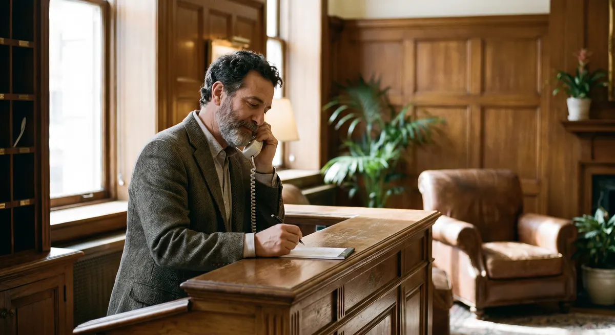 Hotel receptionist writing a booking while on the phone at the front desk — a hotel answering service that captures every reservation