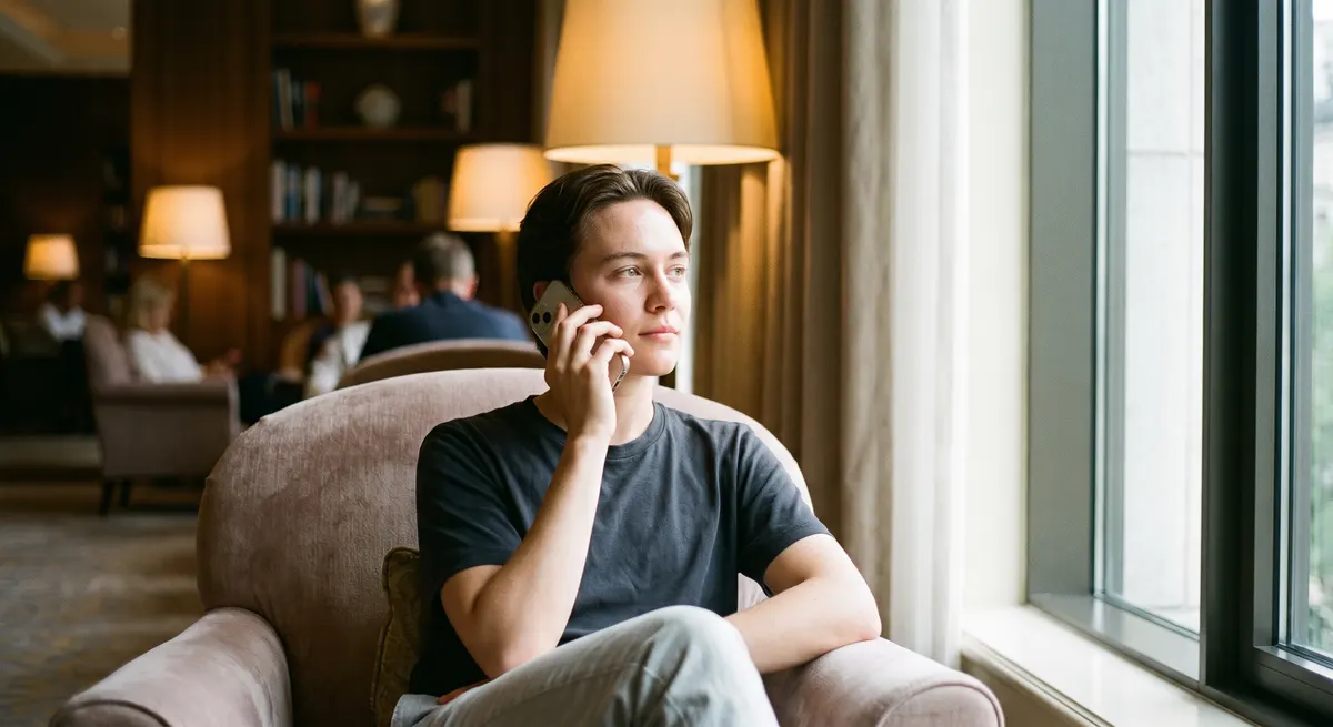 Guest making a call from the hotel lounge — Rinqly handles hotel reservation and guest-inquiry calls so the front desk stays free