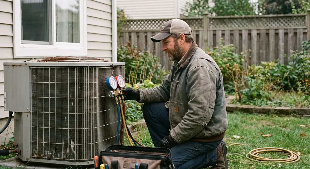 Technician reading a manifold gauge set connected to a home air-conditioning unit — an answering service for HVAC companies books the next job while this one is still running