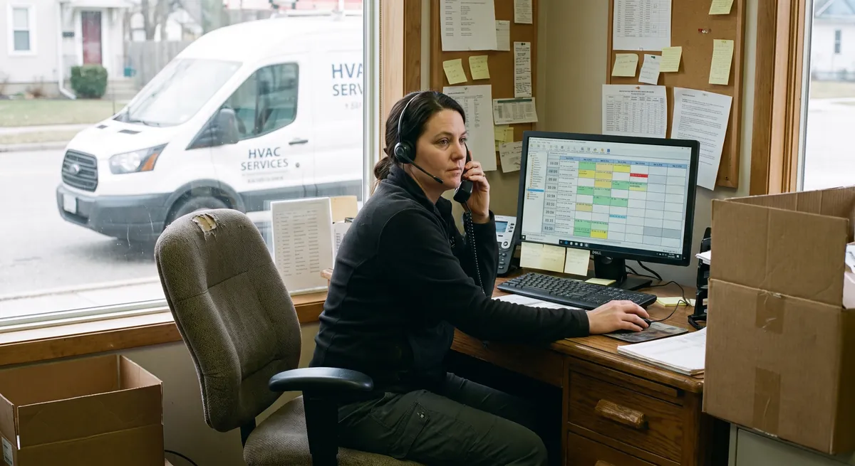 Dispatcher on a headset at an HVAC office desk with a service van parked outside — after-hours HVAC calls still reach someone when the office is closed