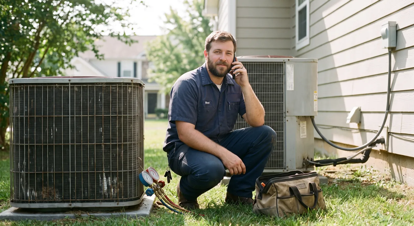 HVAC technician crouched at an outdoor condenser unit taking a call on his phone — Rinqly's HVAC answering service picks up while your techs are on the tools