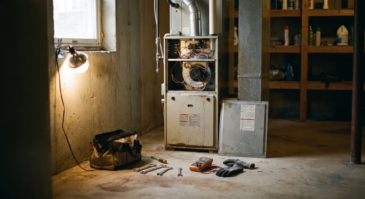 Residential gas furnace with its access panel open and a work light beside it — every no-heat call gets answered and logged instead of going to voicemail