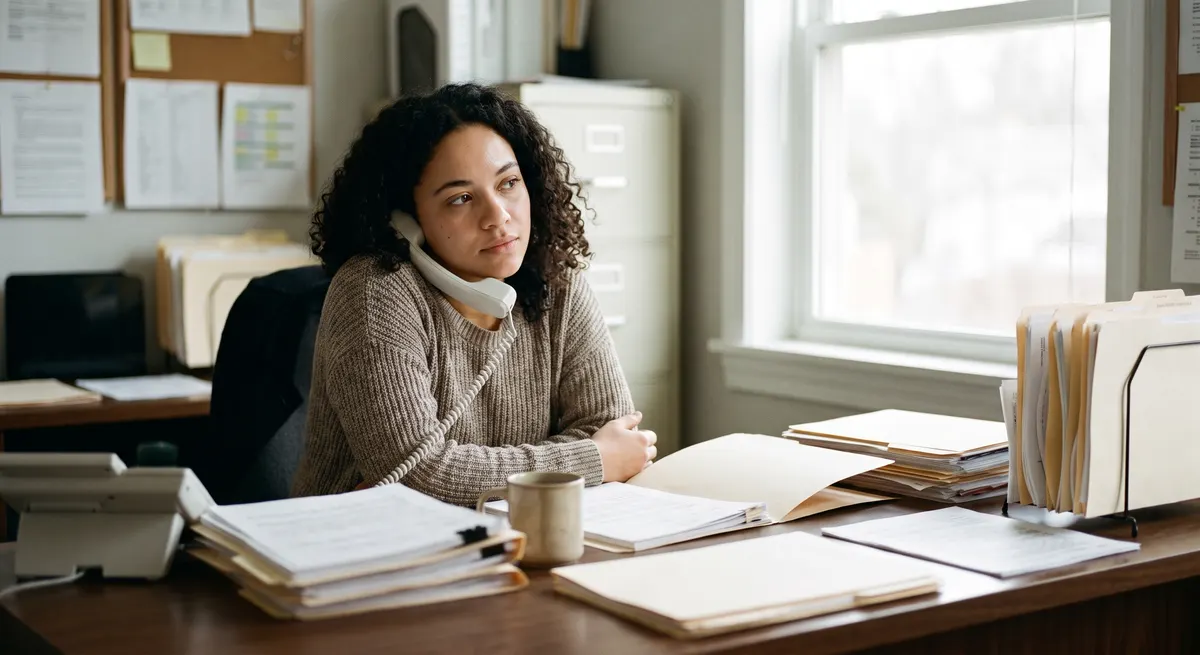 Insurance agent on the phone handling a client's policy files — an answering service for insurance agents captures every call during busy hours