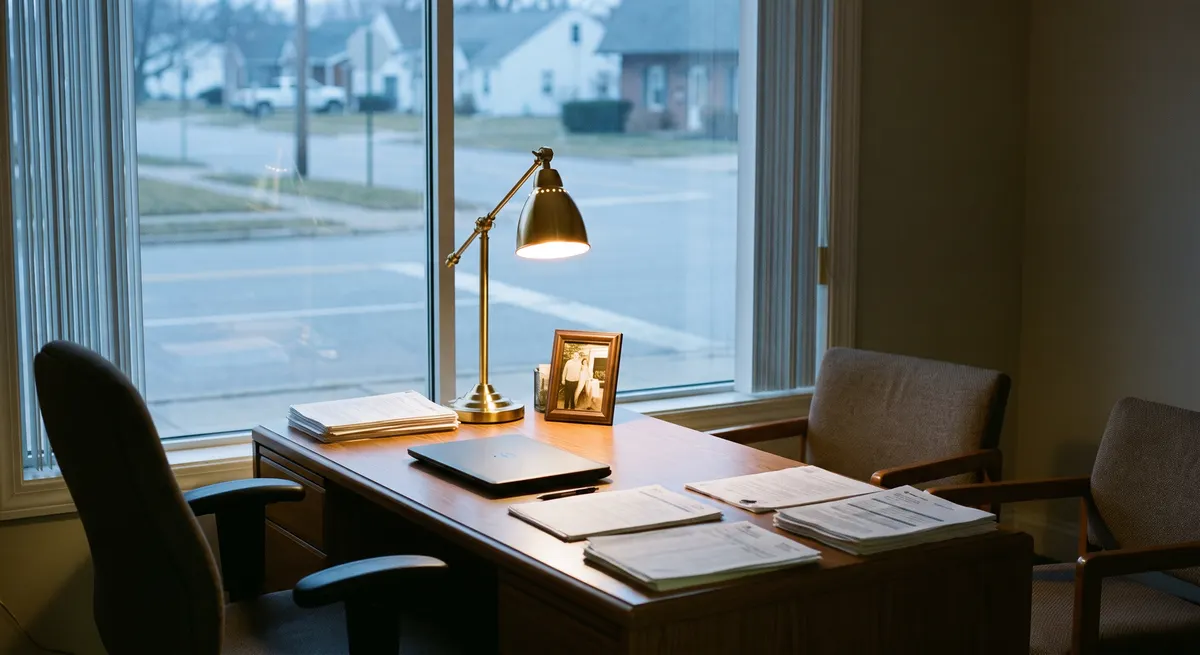 Insurance agency office desk after hours at dusk — an AI answering service for insurance answers client calls when the office is closed