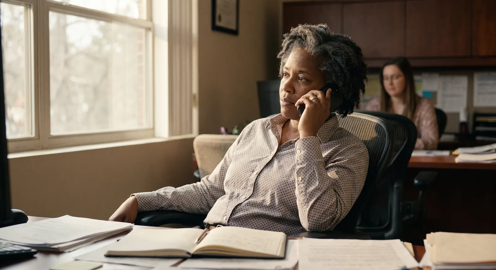 Insurance agent answering a client call at her desk — Rinqly's AI insurance answering service answers every call 24/7