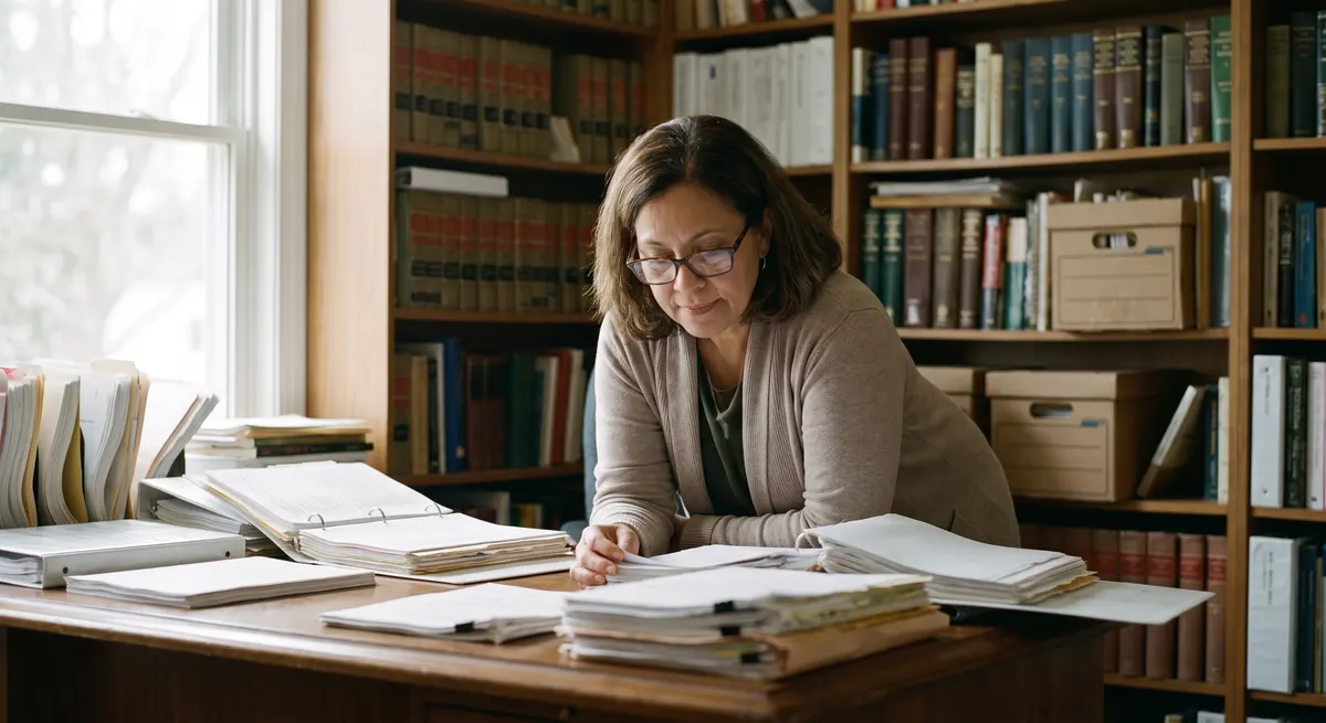 Paralegal reviewing case files at her desk — an answering service for lawyers handles the phones so the team can focus on casework