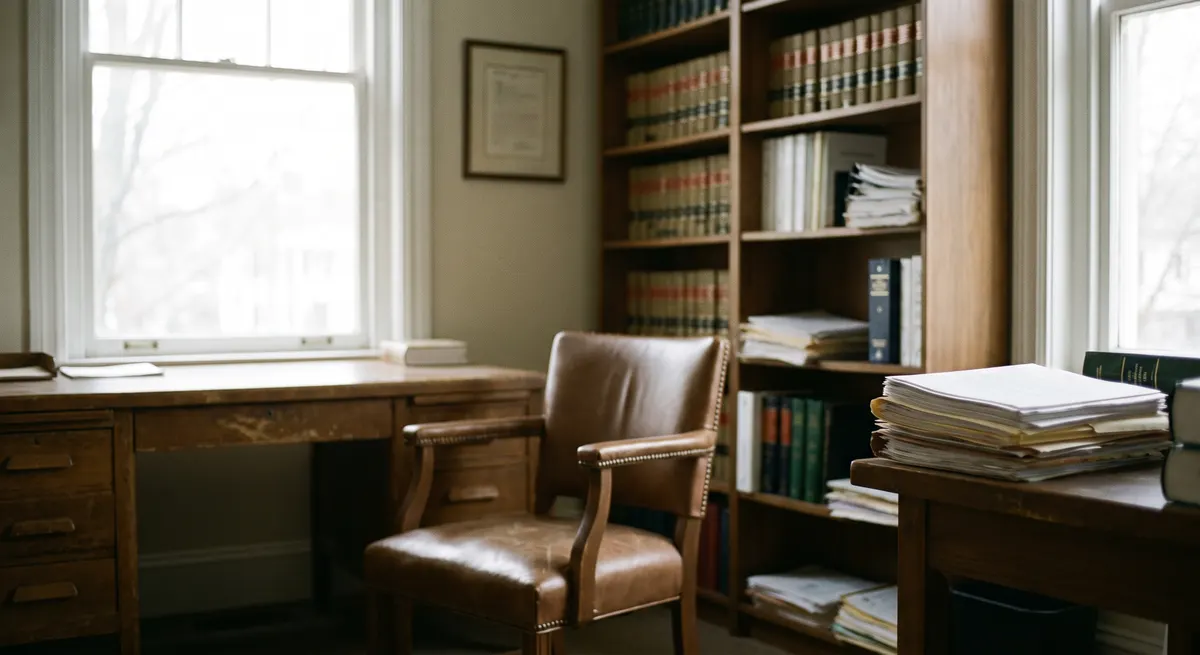 Empty law office after hours with shelves of law books — a 24/7 attorney answering service answers client calls when the firm is closed