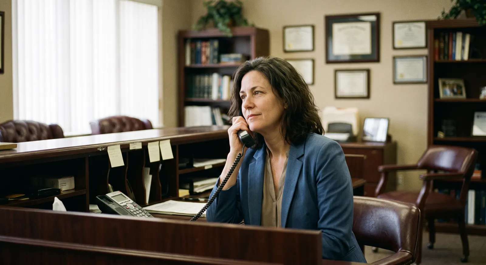 Legal receptionist answering a client call at a law office desk — Rinqly's AI law firm answering service answers every call 24/7